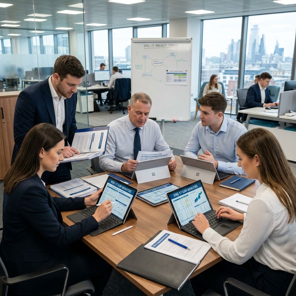 Auditors performing a GAP analysis for IFRS 17 implementation on tablets.