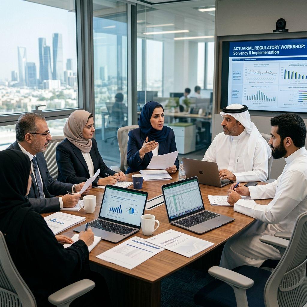Diverse Middle Eastern actuarial committee members engaging in structured regulatory debates.