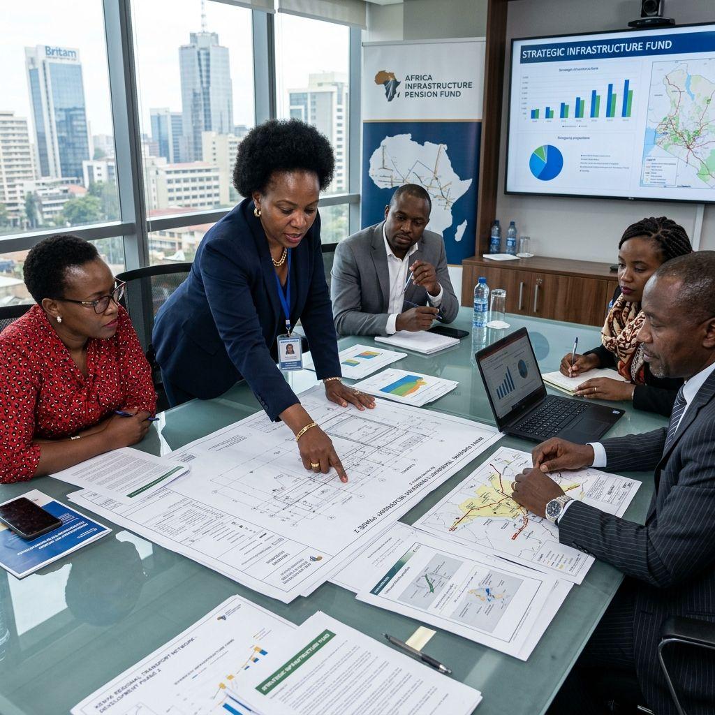 African pension scheme managers planning strategic infrastructure investments over architectural diagrams.