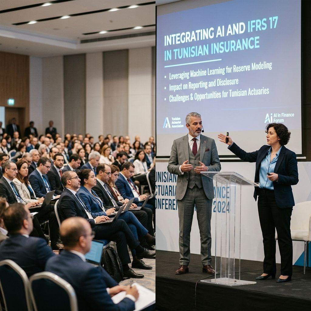 Executives presenting AI and IFRS 17 topics at a major Tunisian actuarial conference.