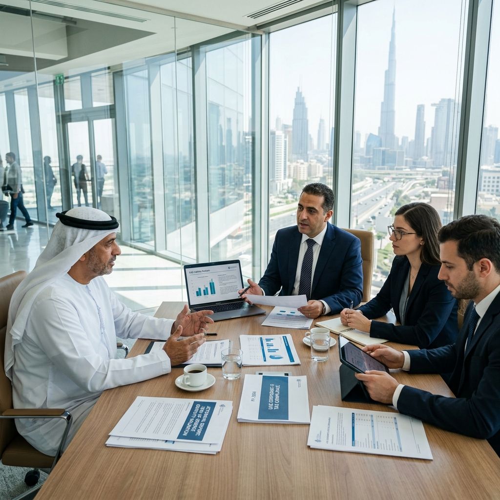 Actuaries consulting with a UAE business owner regarding End-of-Service Gratuity and corporate tax.