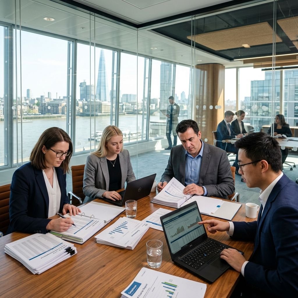 Actuaries reviewing financial compliance documents.