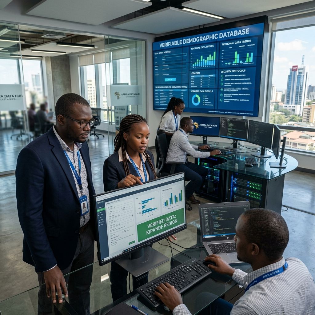 Data scientists operating verifiable demographic databases in a modern East African facility.