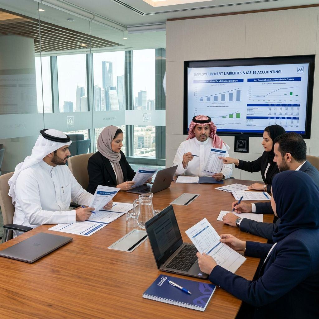 Financial officers evaluating employee benefit liabilities and IAS 19 accounting in a Saudi Arabian boardroom.