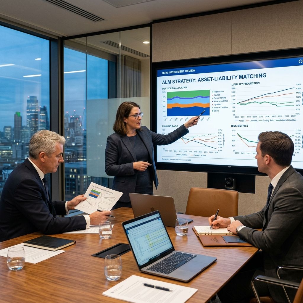 Outsourced Chief Investment Officers analyzing complex asset-liability charts for institutional investors.
