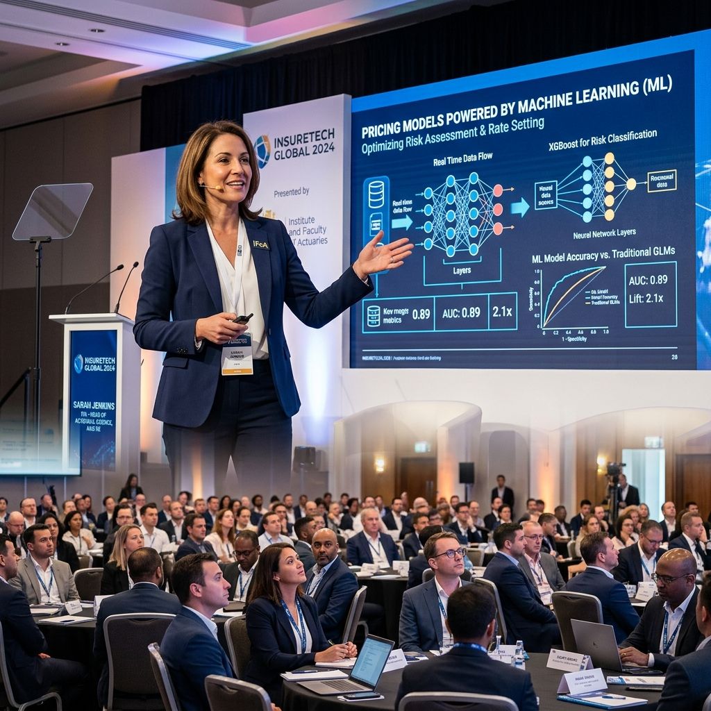 An actuary presenting pricing models powered by ML at an industry conference.