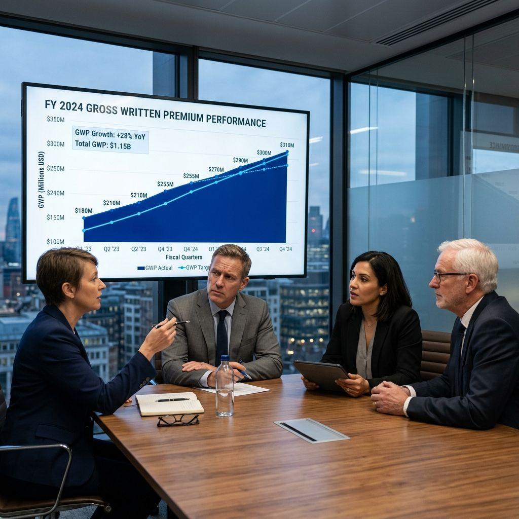 Corporate executives analyzing rising Gross Written Premium graphs on a large boardroom screen.