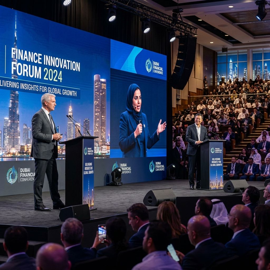 Keynote speakers delivering insights at a prestigious financial conference in Dubai.