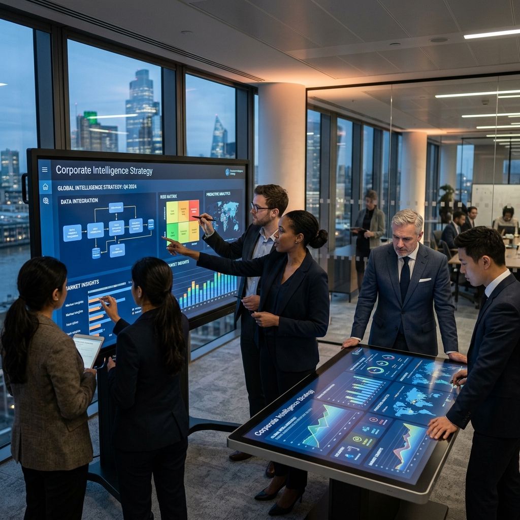 Data consultants establishing sophisticated corporate intelligence strategies on interactive screens.