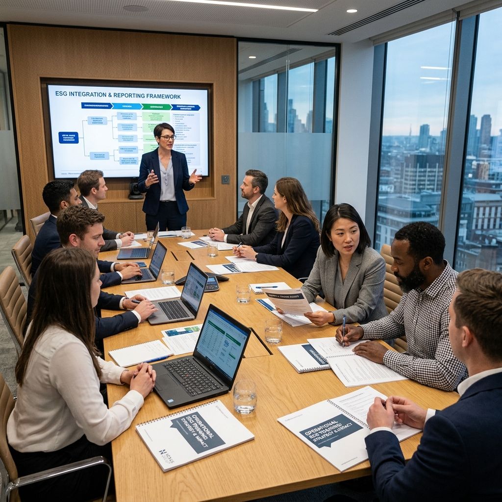 Employees participating in intensive operational ESG training in a modern corporate boardroom.