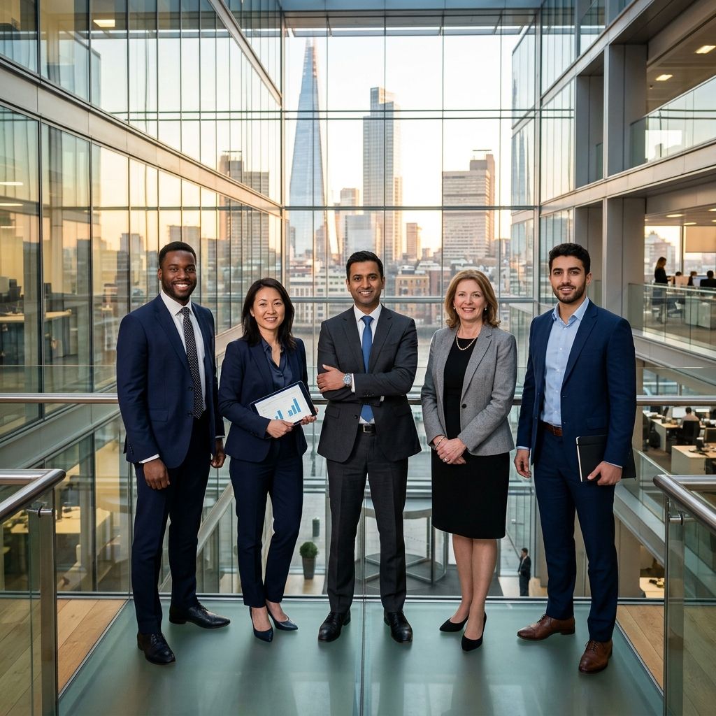 A team of international actuaries standing confidently in a bright global headquarters.
