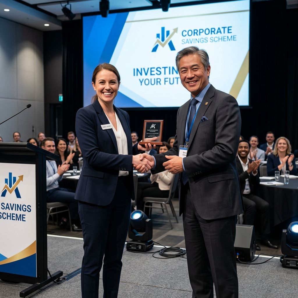An executive shaking an employee's hand after presenting a corporate savings scheme.