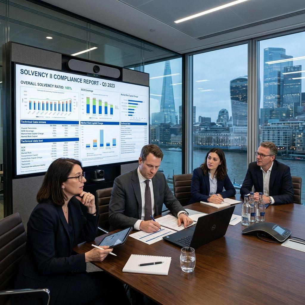 European financial risk managers reviewing Solvency II compliance reports.