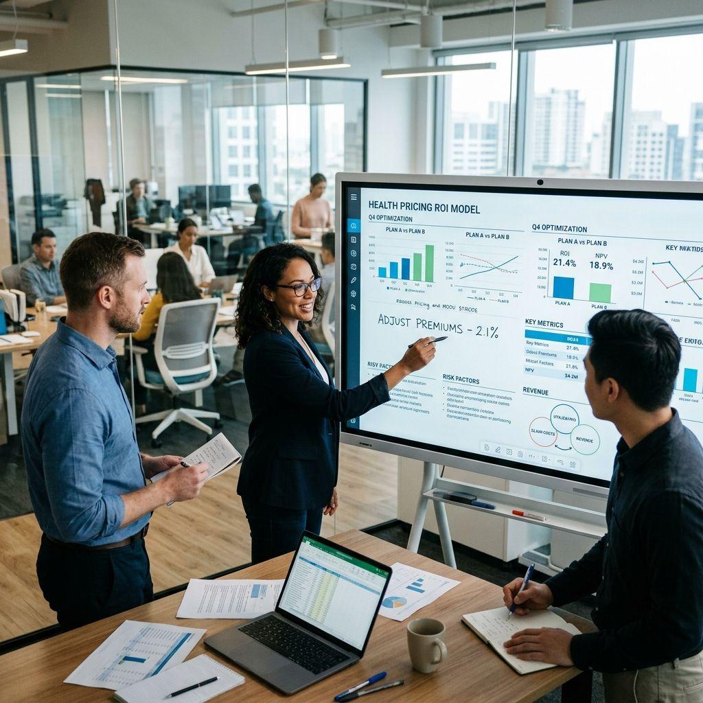 Analysts optimizing health pricing ROI models on a dynamic electronic whiteboard.