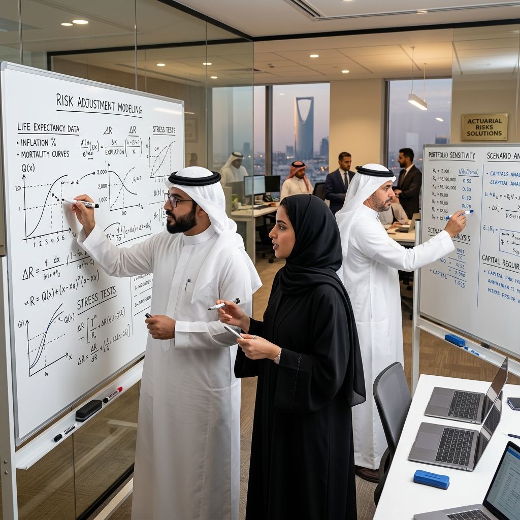 Saudi actuaries calculating complex risk adjustments on whiteboards.