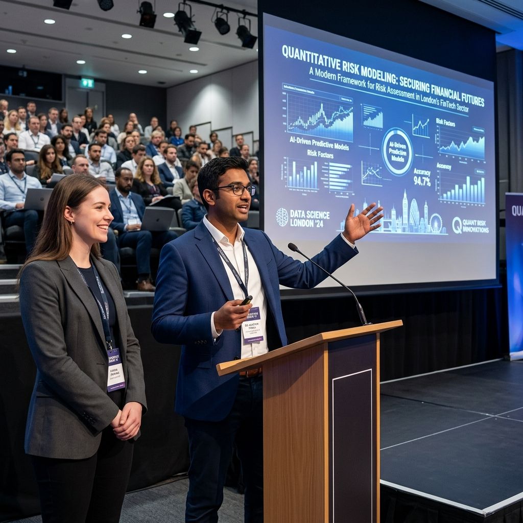 Data scientists presenting innovative quantitative risk models at a professional data science conference in London.