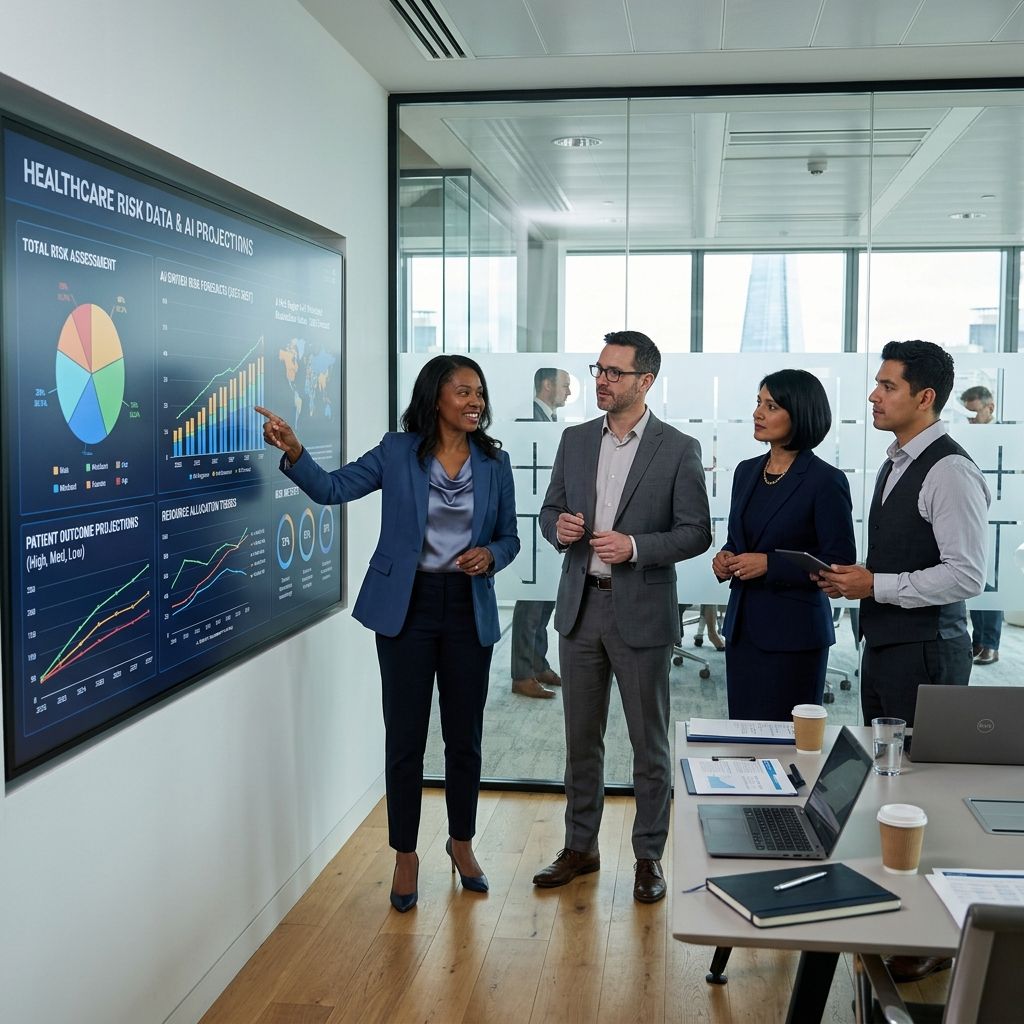 Healthcare executives and tech analysts looking at healthcare risk data.