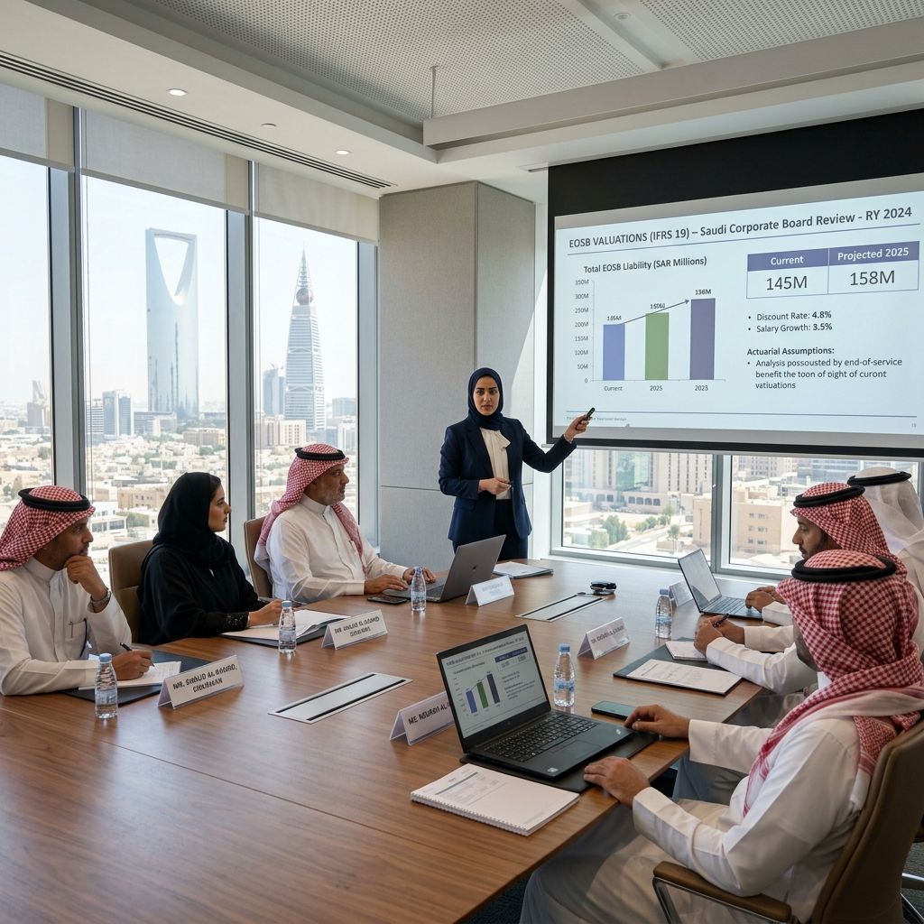 Actuaries presenting EOSB valuations to Saudi corporate board in Riyadh.