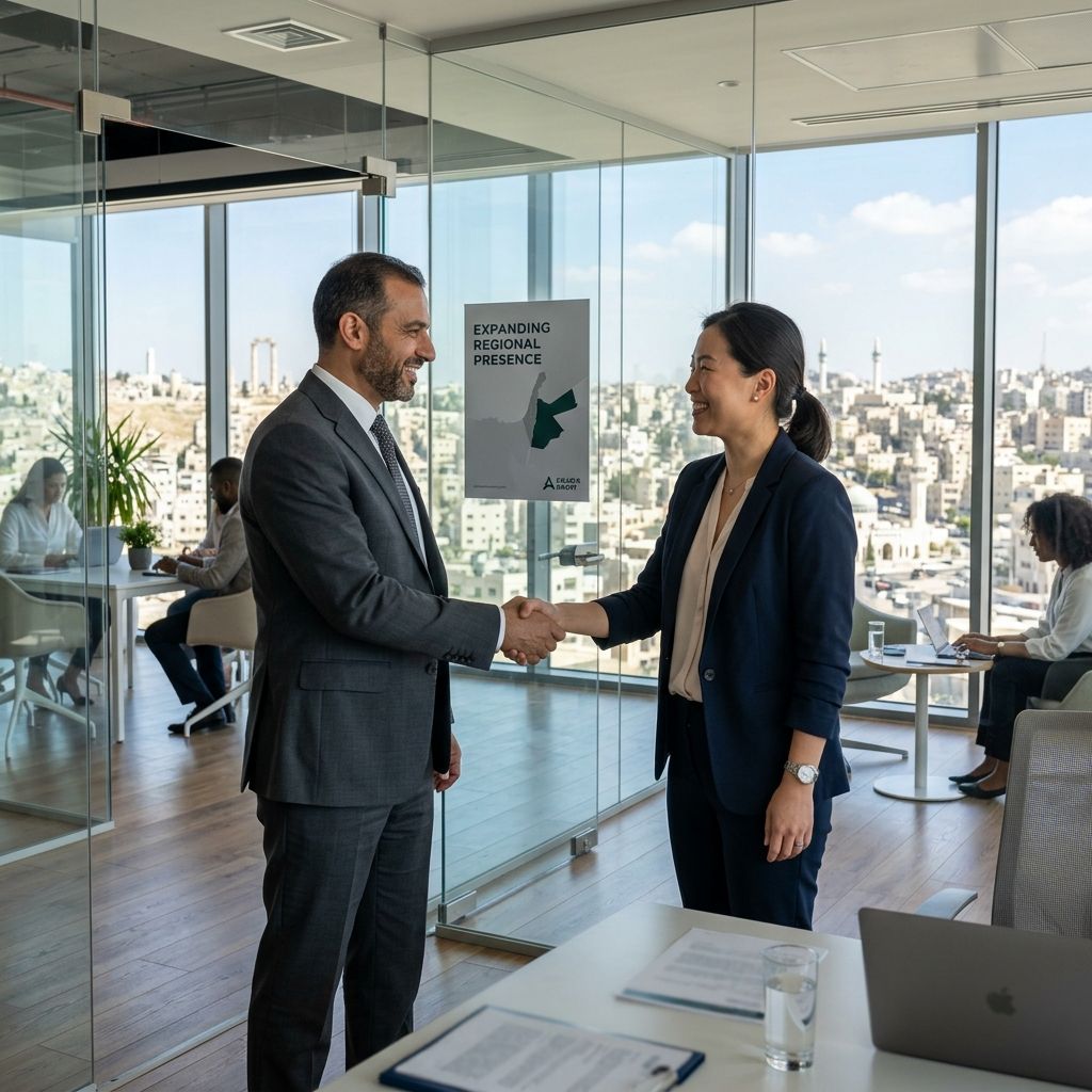 Modern office overlooking Amman Jordan, denoting regional expansion.