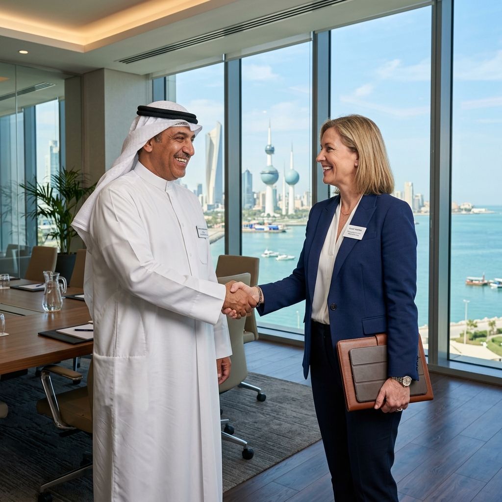 Executives warmly shaking hands in a modern Kuwait City office.