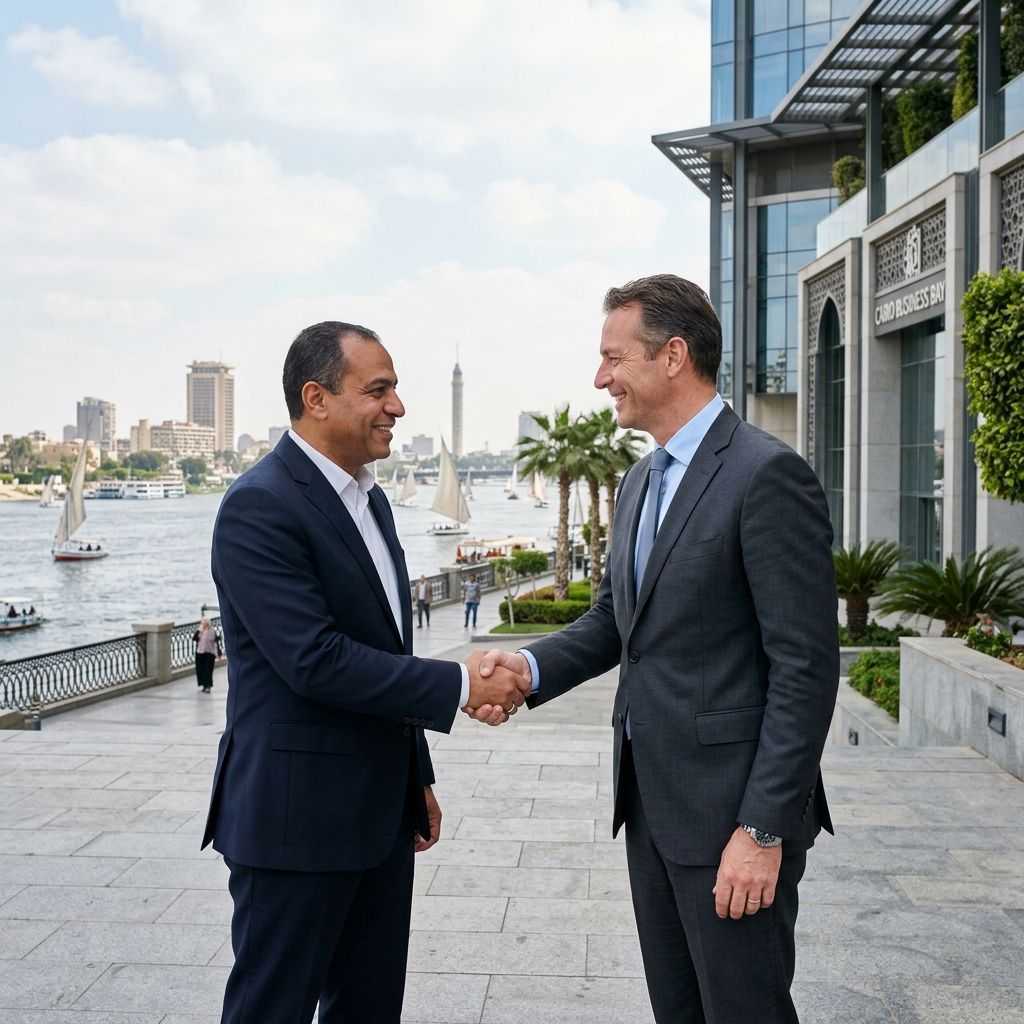 Executives warmly shaking hands outside a modern Cairo office building.