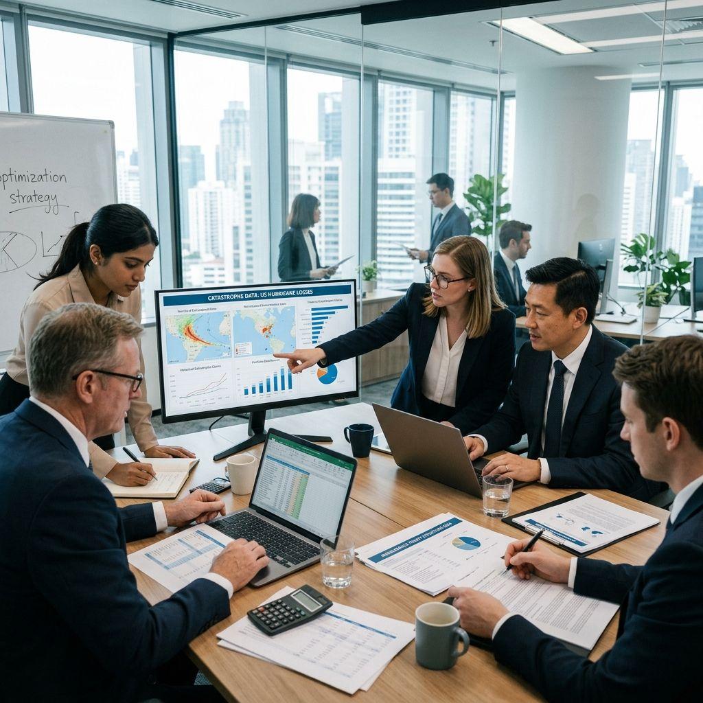 A team of actuaries analyzing catastrophe and claims data to optimize a reinsurance treaty.