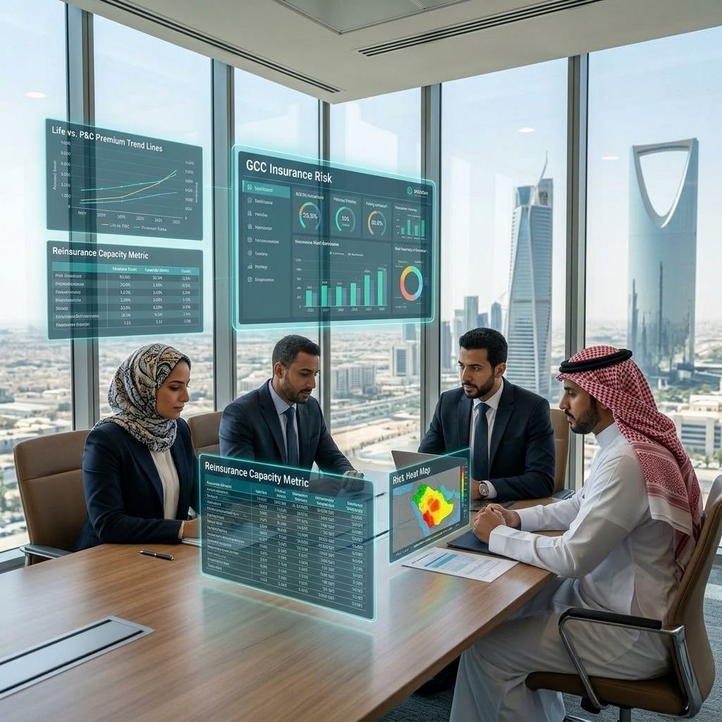 Insurance actuaries reviewing GCC risk data and reinsurance metrics in a modern office overlooking a Middle Eastern skyline.