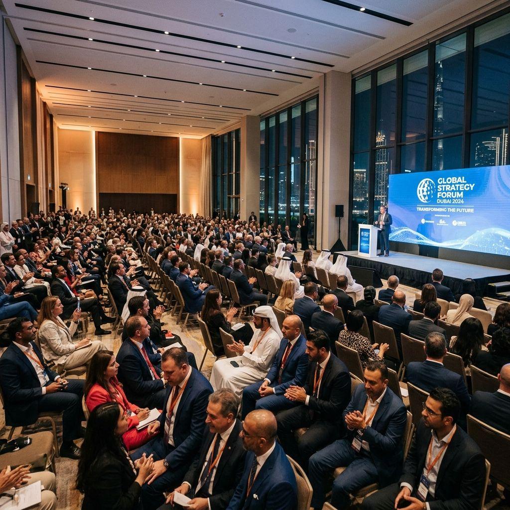 A full house at a corporate networking and presentation event in a Dubai conference hall.