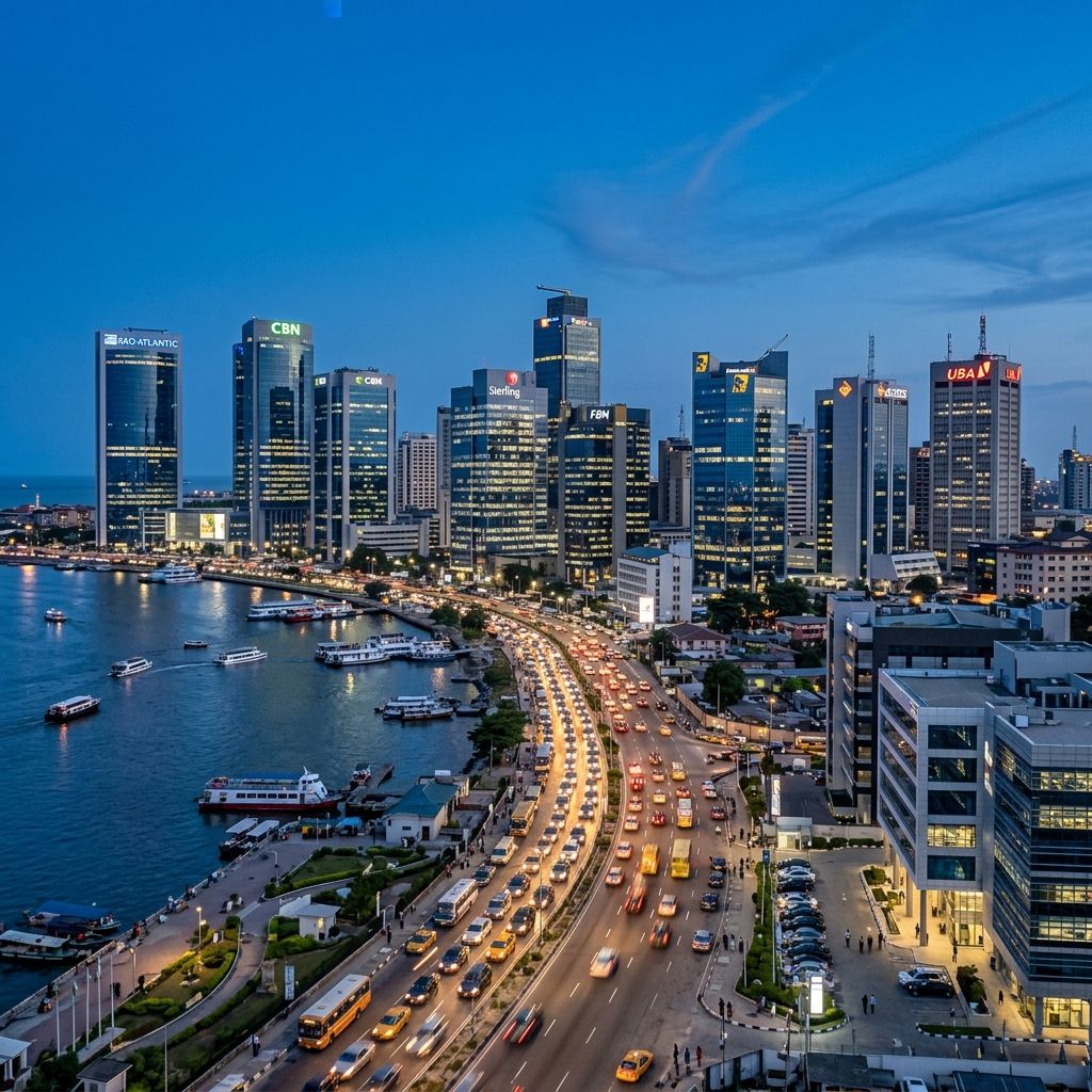 The bustling Lagos skyline, Nigeria's financial powerhouse where Lux Actuaries provides expertise.